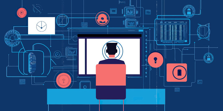 Man working on computer with digital cyber security icons network and data protection symbols flat design technology internet concept vector illustration