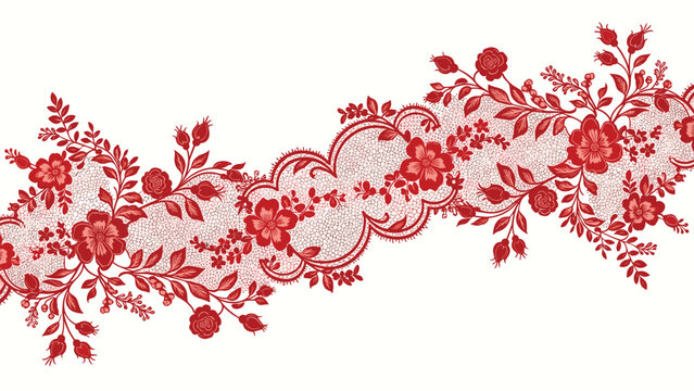 A captivating horizontal seamless pattern features intricate red floral lace, adorned with delicate roses and detailed botanical elements, perfect for elegant designs.