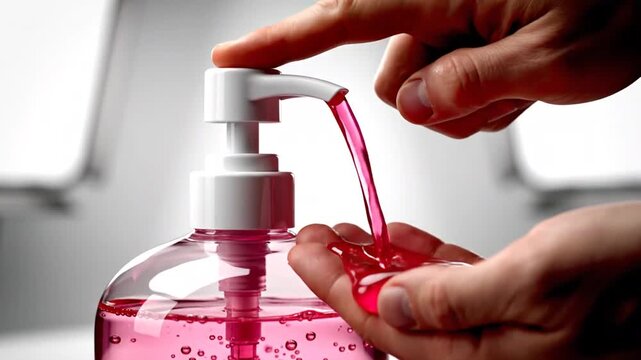 Hand Pumping Pink Liquid Soap into Palm for Personal Hygiene and Cleanliness