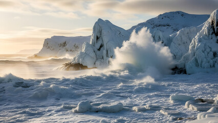 crashing ocean waves frozen ice formations on rocky coastline with powerful surf and sea spray illuminated by golden hour sun creating dramatic and wild winter seascape