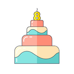 Large cake with the number eight candle on top for celebration and birthday party concept