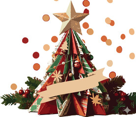 Festive paper craft Christmas tree with a star topper and blank banner perfect for holiday greetings © sehrish