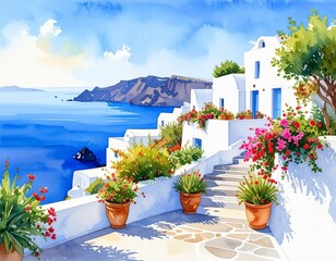 hand drawn watercolor painting of beautiful Santorini island. landscape painting