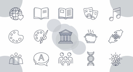 Collection of outline icons representing various fields of knowledge and culture.