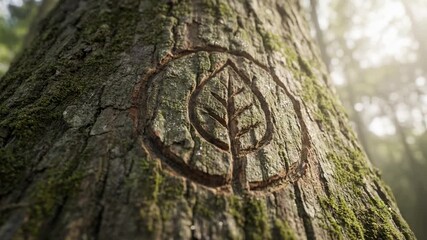 Youth carve tree bark symbols representing nature, moss, and forest environment, inspired by climate movement for environmental care and protection