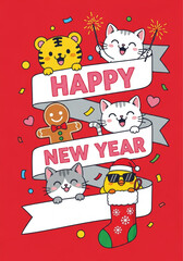 Fototapeta premium Happy New Year Cute Celebration Vector Illustration. Festive Winter Holiday Celebration with Animals and Gingerbread Man. Parfect for greetings card, poster, wallpaper and banner.