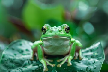 Obraz premium Vibrant green tree frog perched on a leaf in a tropical rainforest, showcasing its captivating beauty