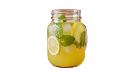 Refreshing summer drink with lemon and mint in glass jar