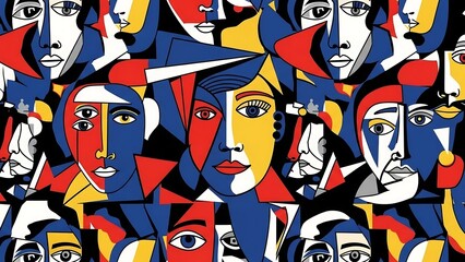 Vibrant Cubist Faces Mosaic Portrait Art.