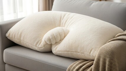 Obraz premium Soft beige pillows on gray sofa.