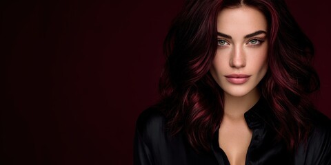 Naklejka premium Elegant studio portrait of a young woman with dark red hair and natural makeup looking at the camera against a deep burgundy background.