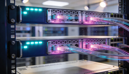 Close-up of glowing server rack details, shallow depth of field, blue corporate tones, high-tech but clean aesthetic.