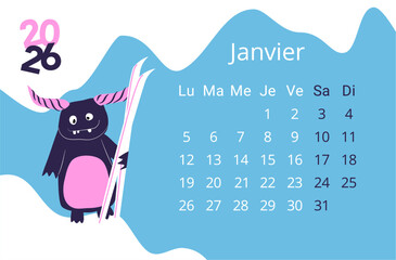 Calendrier illustr&eacute; avec un monstre partant au ski, mois de janvier 2026 avec les jours de la semaine en fran&ccedil;ais, parfait pour imprimer et aider les enfants &agrave; s'organiser