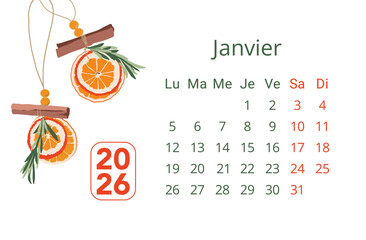 Organisateur janvier 2026, dates et semaine du mois en fran&ccedil;ais. Illustration avec des oranges s&eacute;ch&eacute;s de la cannelle et des brins de romarins