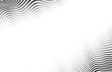 Vector framing halftone wave background with dotted lines flowing from corners to white negative  space. Clean graphic texture.