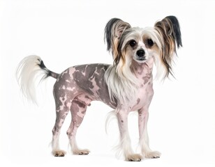 Photo of a Chinese Crested dog isolated on a white background. Hairless or partially coated small breed, ideal for pet, dog, and studio photography projects