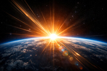Obraz premium Vibrant sunrise over the curve of earth with intense orange sunbeams and lens flare illuminating the atmosphere and clouds in deep space
