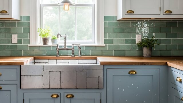Modern kitchen with green tile backsplash.