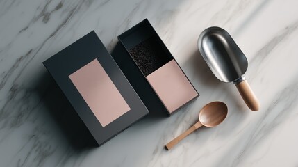 Stylish container displaying tea or coffee set on a marble surface with wooden spoon and scoop