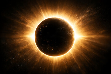 Obraz premium Dramatic silhouette of planet earth with a bright golden solar corona glowing from behind in deep space with distant city lights visible