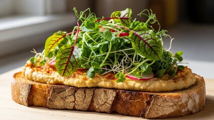 Close-up of hummus toast with microgreens, radish slices, and paprika on rustic bread. Plant-based food, nutrition, vegan menus, and healthy lifestyle branding.
