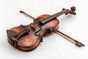 Fototapeta premium Vintage violin and bow on white background, classic instrument