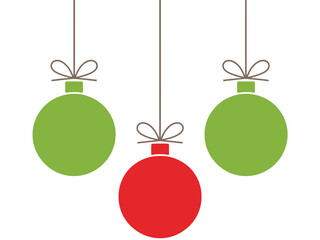 Three Christmas ornaments hang suspended from strings, with one red and two green.