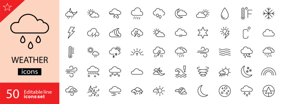Weather editable stroke outline icons set. Including clouds, wind, rain, sun, weather forecast, snow, moon, snowflakes and storm. Vector illustration.