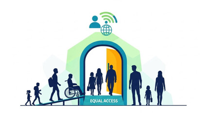 Diverse group of people accessing building with equal access ramp and wifi symbol representing inclusion and connectivity for all