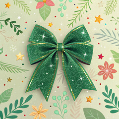 Green Glitter Christmas Bow with Festive Floral Pattern Background.