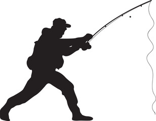 Silhouette of Fisherman Casting Fishing Rod Isolated on White Background