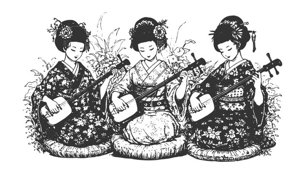 Traditional Japanese geisha playing shamisen illustration in detailed black and white hand drawn vector style representing cultural music and heritage