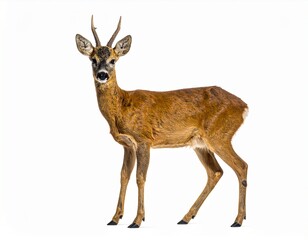 Photo of a roe deer isolated on a white background. Graceful forest herbivore, ideal for wildlife, nature, and animal photography projects