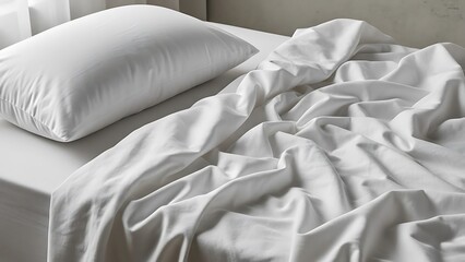 A pristine white pillow and neatly arranged yet slightly rumpled bed sheets on a comfortable bed