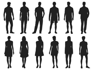 Silhouettes of men and women stand in a diverse group, showcasing different styles.