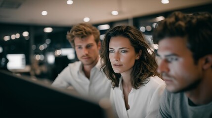 A corporate team engaged in financial stewardship, reviewing ethical investment portfolios on large transparent screens in a bright, modern office. cinematic color correction, natural uneven