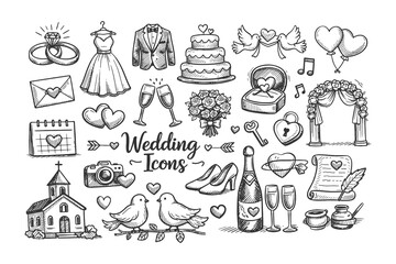 Wedding celebration hand drawn doodle icon set in black and white vector style featuring bride, groom, rings, cake, flowers, and ceremony elements