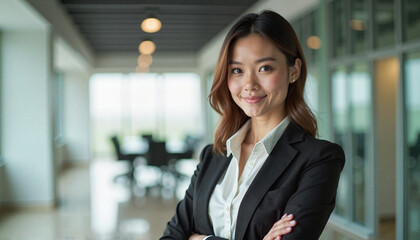 Obraz premium Confident businesswoman standing with arms crossed in modern office
