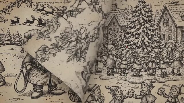 Traditional European Christmas folklore illustration with elf and dwarf characters forming a seamless vector pattern inspired by vintage engraved artwork and classic winter holiday tradition