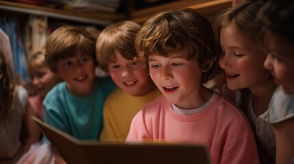 A children’s theater group giggling nervously backstage in colorful costumes, a volunteer calming them while holding a clipboard — wholesome community arts, youth creativity, and heartwarming
