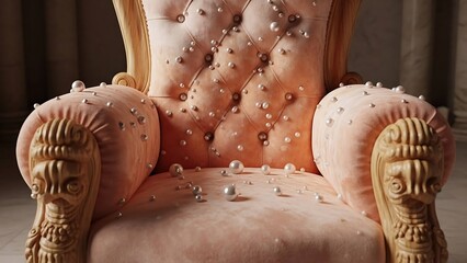 Pink armchair with carved wooden details.