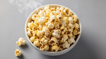 Fresh hot buttered popcorn in white bowl on gray background with steam, national popcorn day, movie snack food concept for cinema entertainment and home theater movie night