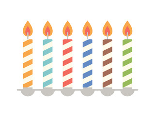 A row of colorful striped birthday candles burns brightly on a simple holder.