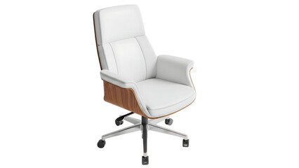 High back office chair with white upholstery and wooden accents isolated on a transparent background