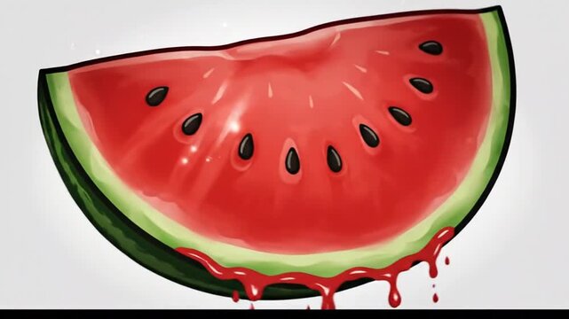 Refreshing Watermelon Slice with Dripping Juice. Vibrant Red Flesh and Black Seeds. Summer Fruit Illustration on White Background.