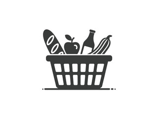 A shopping basket filled with a baguette, apple, bottle, and cucumber.