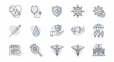 Comprehensive set of medical and healthcare line icons for health and wellness concepts.