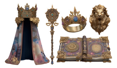 Royal Insignia Collection with Crown, Staff, Book, Cape, Lion Head, and Ring