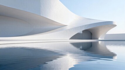 Modern white building with water reflection