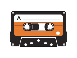 A vintage cassette tape with an orange label is shown in a top-down view.